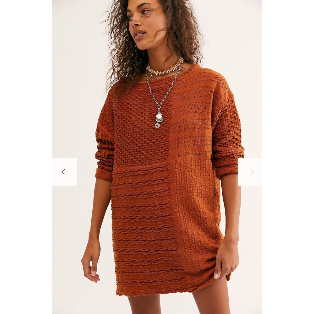 Free People Shes A Keeper Textured Sweater Dress Rust Orange Boho Oversized L - Picture 14 of 14